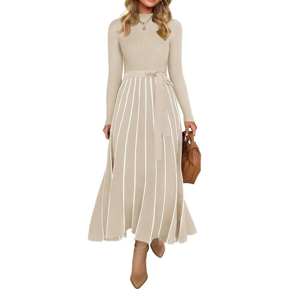 Dresses & Skirts - Women's Apricot Tie Waist Casual Loose Ribbed Knit Long Sleeve Sweater Midi Dres